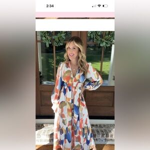 STYLEWE Orange and Blue V-Neck Sundress with Bishop Sleeves